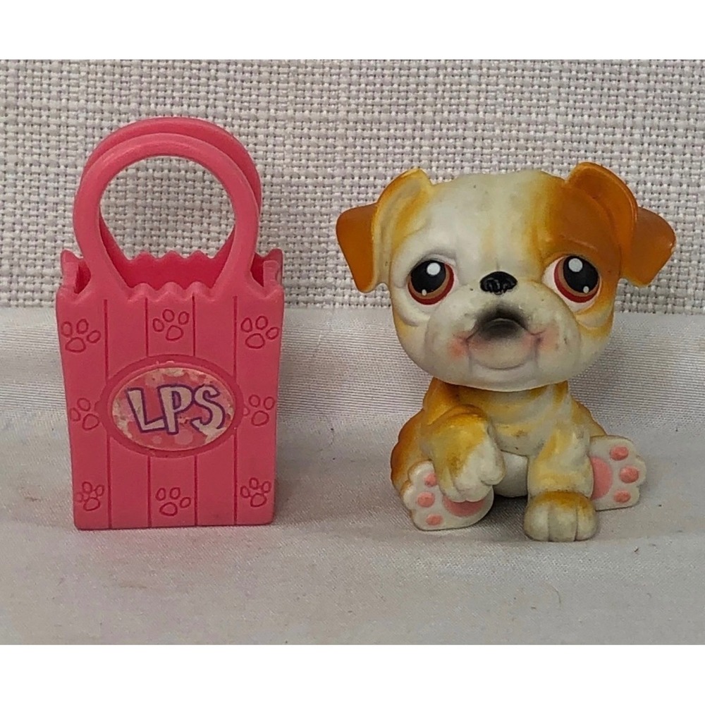 Littlest Pet Shop LPS Bulldog 105 Tan White Brown Eyes with Pink Shopping Bag